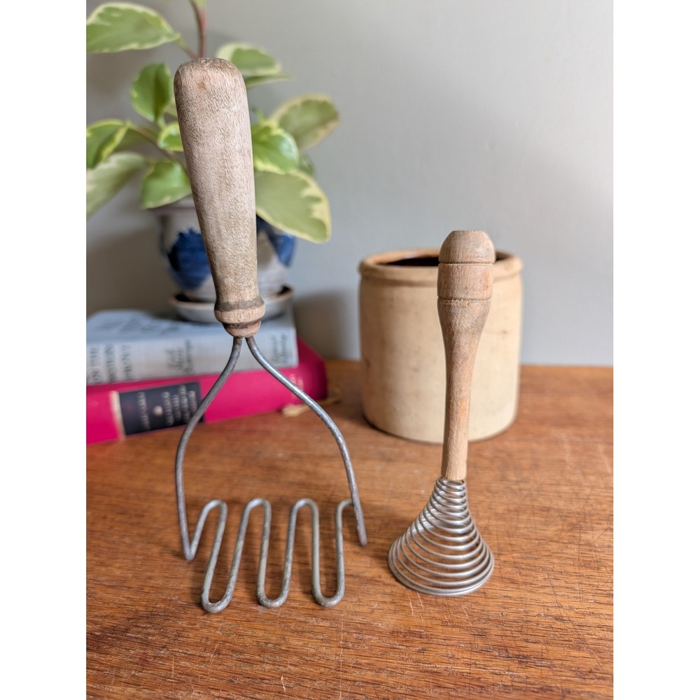 Vintage Potato Masher and Spiral Whisk Set Wood Handle Rustic Kitchen Tools
